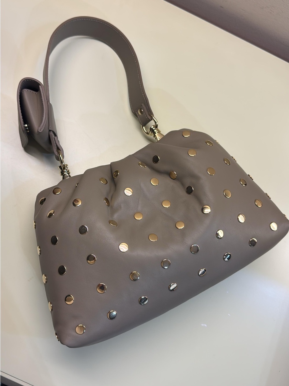 Agl Taupe Shoulder Bag with Gold Studs